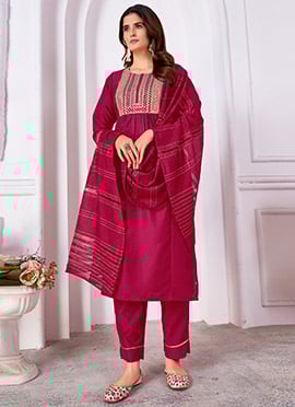 Embroidered Silk Magenta Naira Cut Straight Pant Suit