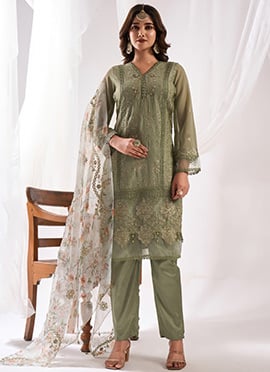 Embroidered Stones Green Faux Georgette Pakistani Suit