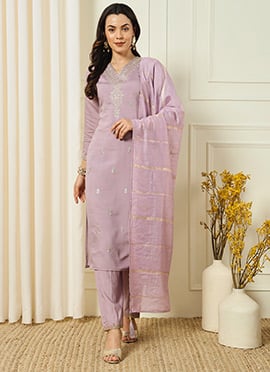 Embroidered Straight Pant Suit With Dupatta In Dusty Pink Silk Dressy Wear