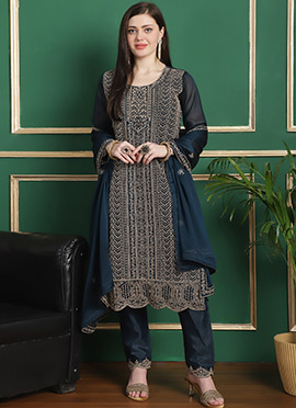 Embroidered Teal Straight Pant Suit