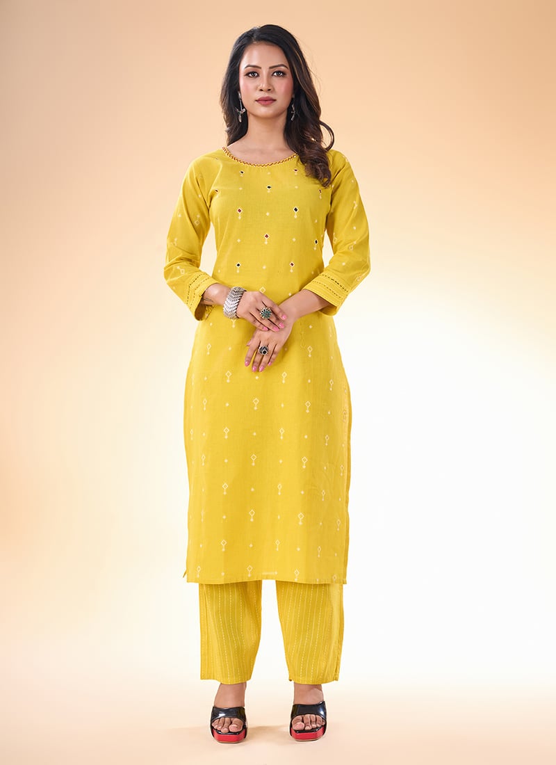 Embroidered Yellow Cotton Kurta Salwar Set Classic Formal Wear For Women After Six Wear