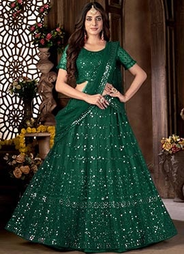 Embroidery Green Net Lehenga Choli With Dupatta