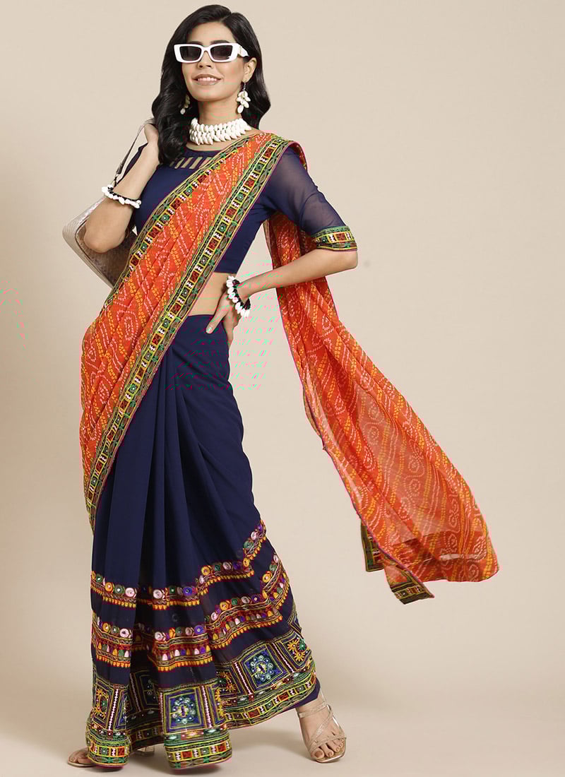 Embroidery Kutch Work Flower Pattern Saree