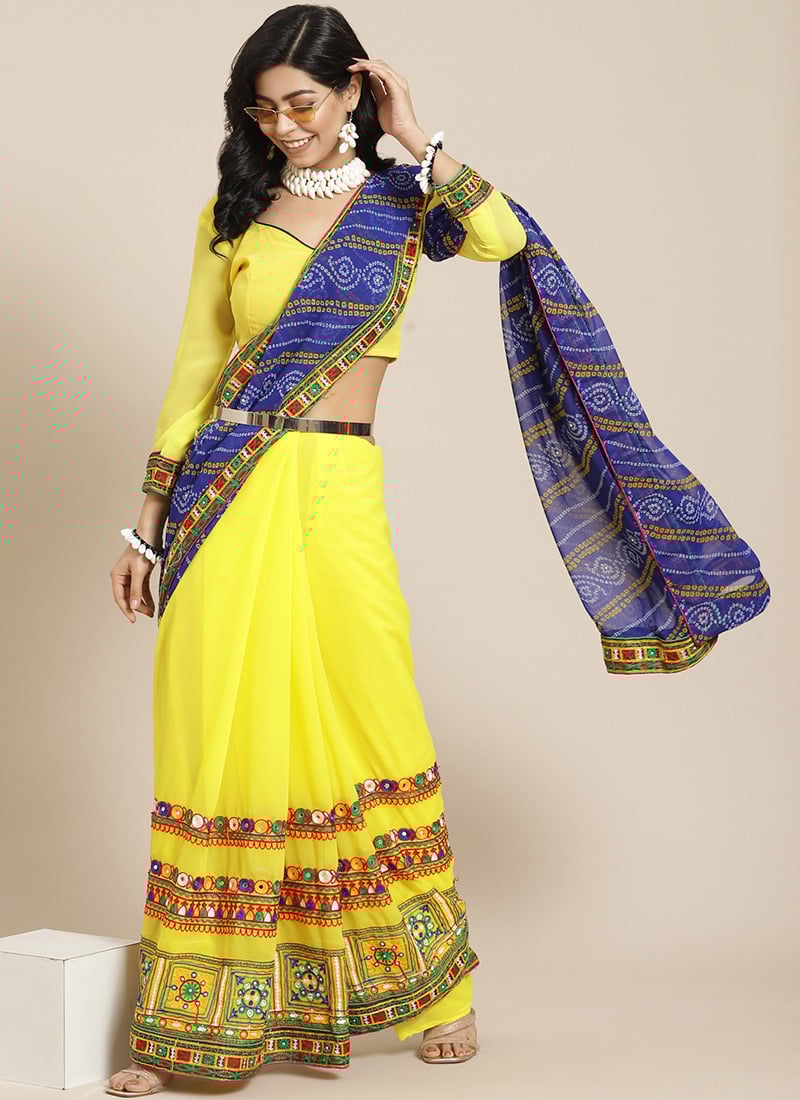 Embroidery Kutch Work Flower Pattern Saree