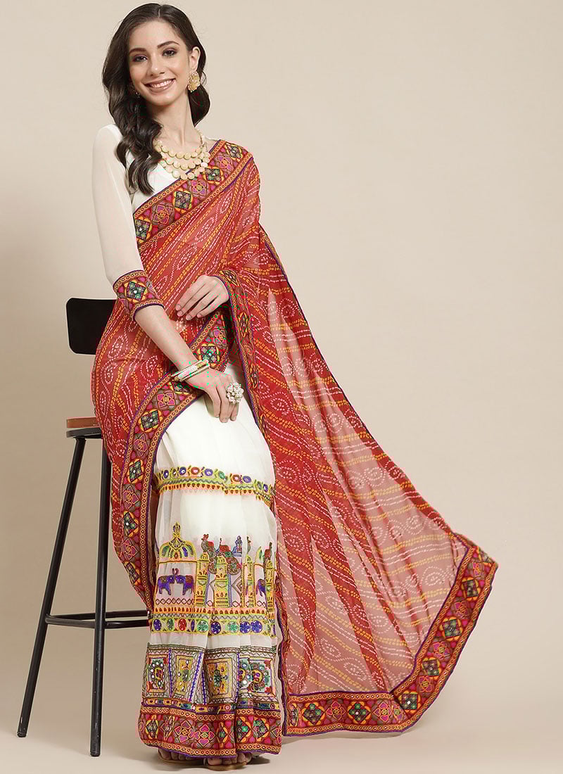 Embroidery Kutch Work Peacock Pattern Saree Festive Wear