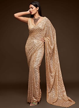 Embroidery Sequins Work Golden Color Georgette Saree