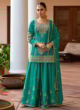 Emerald Green Chinon Silk Zari Embroidered Sequins Thread Palazzo Suit