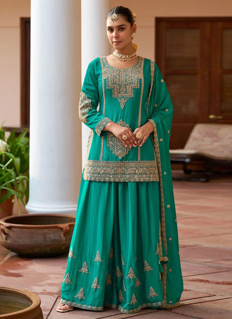 Emerald Green Chinon Silk Zari Embroidered Sequins Thread Palazzo Suit Festive Wear