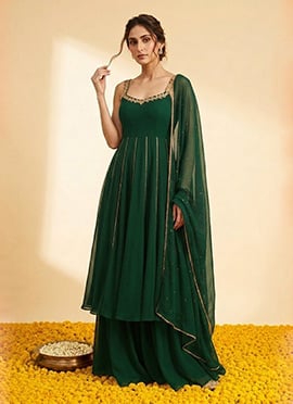 Emerald Green Georgette Beads Sequins Hand Embroidered Anarkali Suit