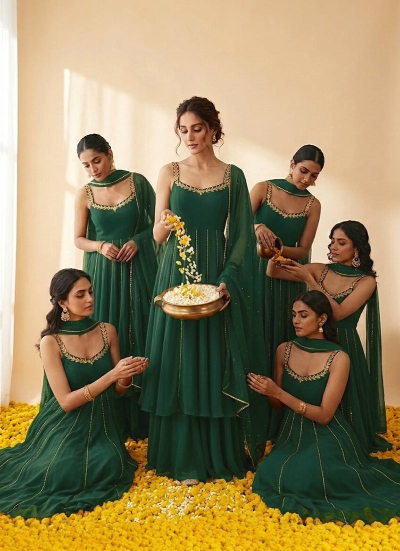 Emerald Green Georgette Beads Sequins Hand Embroidered Anarkali Suit Festive Wear