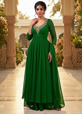 Emerald Green Georgette Beads Sequins Zardozi Anarkali Suit