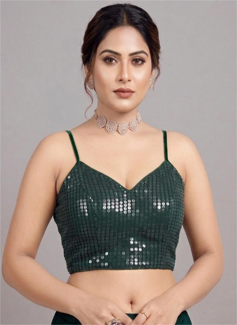 Emerald Green Georgette Sequin Stunning Stretchable Blouse Party Wear