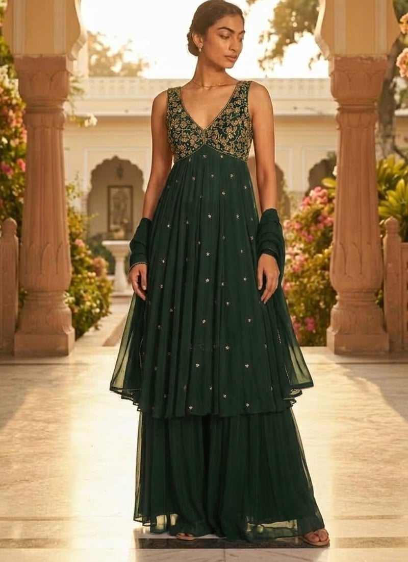 Emerald Green Georgette Zari Sequins Anarkali Suit Festive Wear