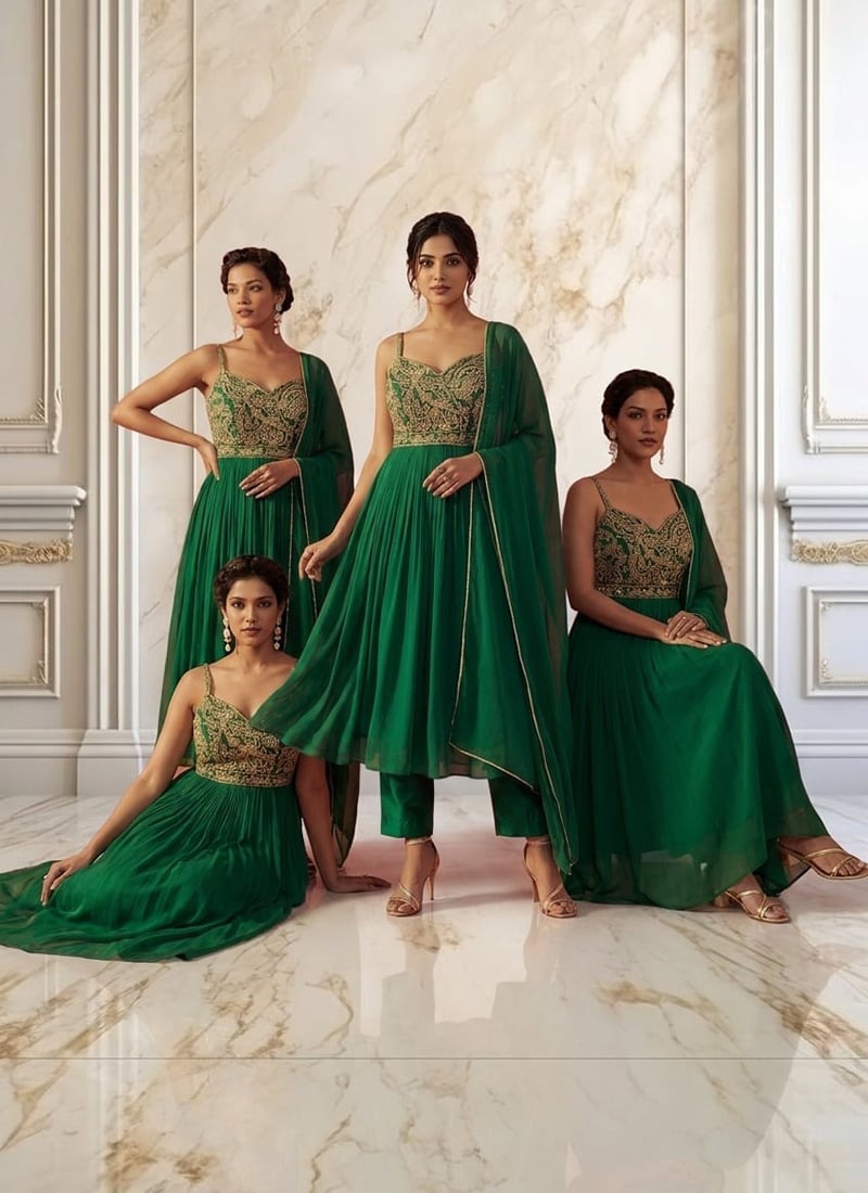 Emerald Green Georgette Zari Sequins Anarkali Suit Wedding Wear