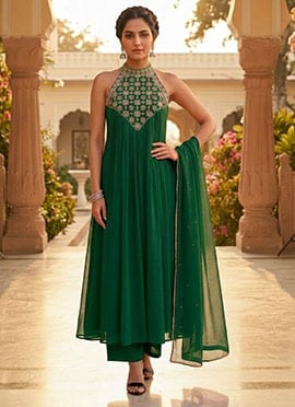 Emerald Green Halter Neck Georgette Resham Embroidered Anarkali Suit