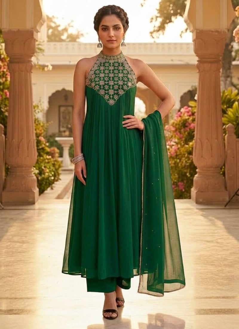 Emerald Green Halter Neck Georgette Resham Embroidered Anarkali Suit After Six Wear