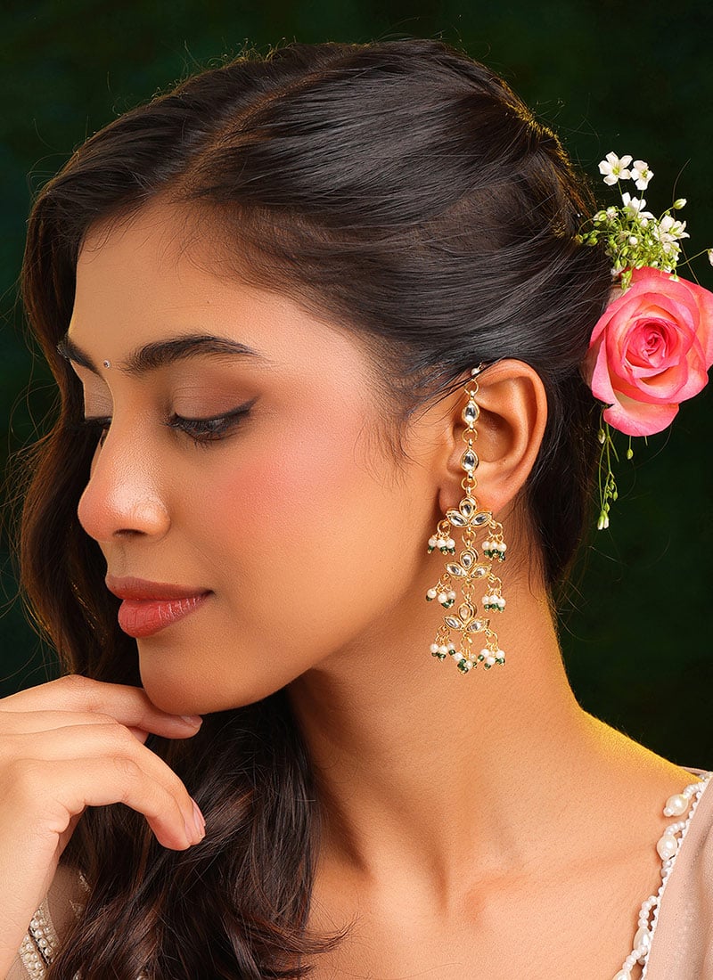 Emerald Green Kundan Beads Danglers Festive Wear