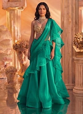 Emerald Green Organza Hand Embroidered Sequins With Zardosi Work Lehenga