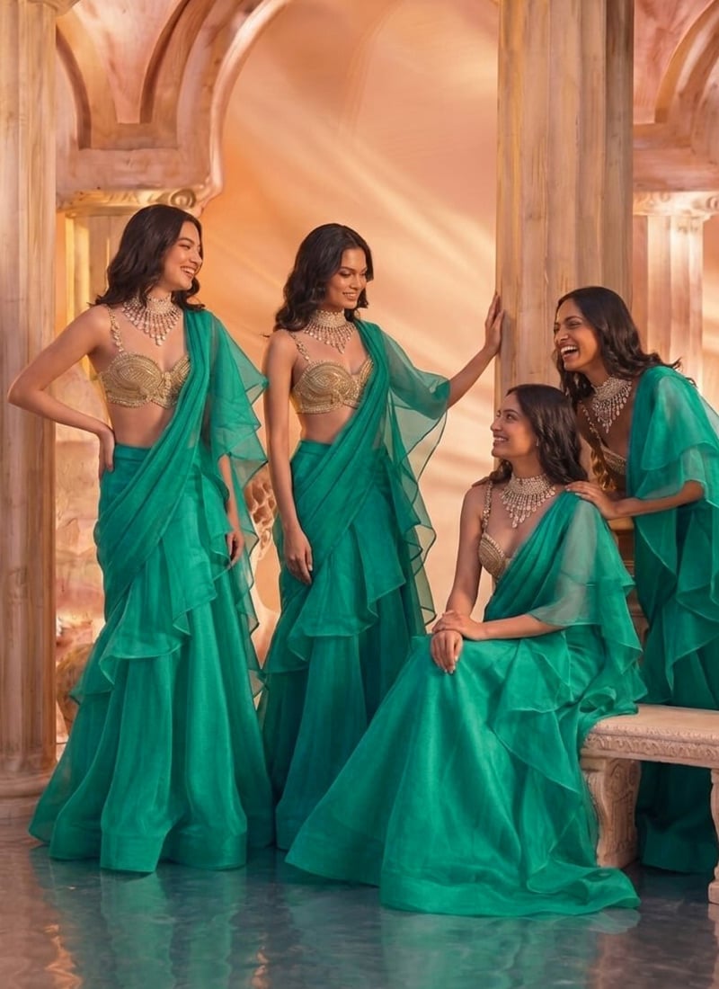 Emerald Green Organza Hand Embroidered Sequins With Zardosi Work Lehenga Wedding Wear