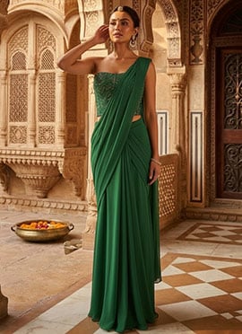 Emerald Green Pre Draped Saree With Hand Embroidered Embellished Blouse