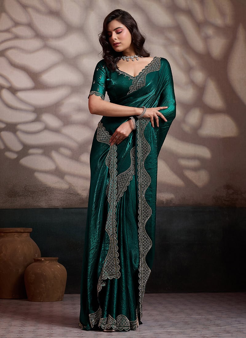 Emerald Green Silk Cut Dana and Zarkan Saree After Six Wear