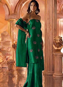 Emerald Green Silk Hand Embroidered With Stone Work Palazzo Suit