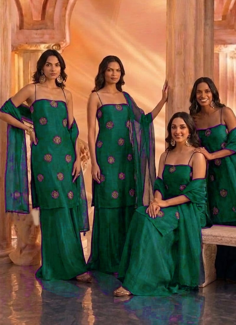 Emerald Green Silk Hand Embroidered With Stone Work Palazzo Suit After Six Wear