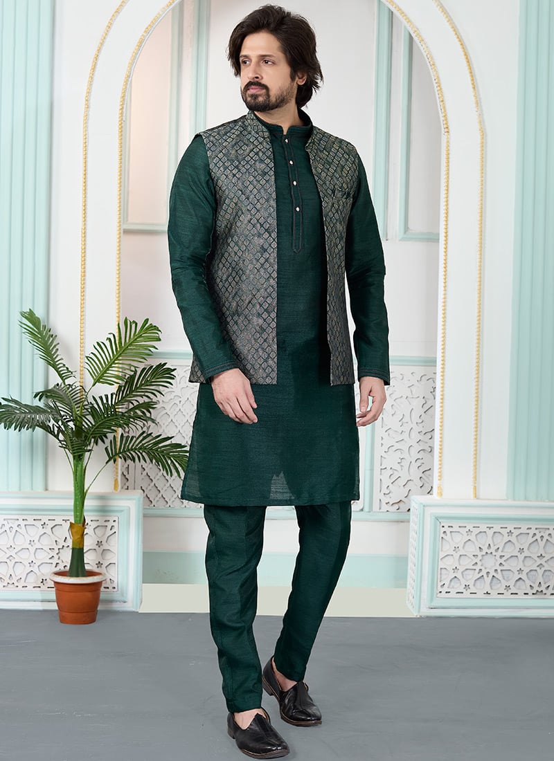 Emerald Green Silk Jacquard Bandi Set Festive Wear