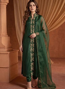 Emerald Green Silk Zari Resham Embroidered Straight Pant Suit