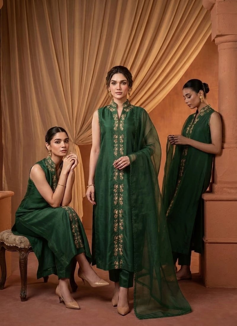 Emerald Green Silk Zari Resham Embroidered Straight Pant Suit Festive Wear