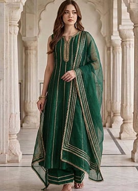 Emerald Green Silk Zari Sequins A Line Anarkali Palazzo Suit