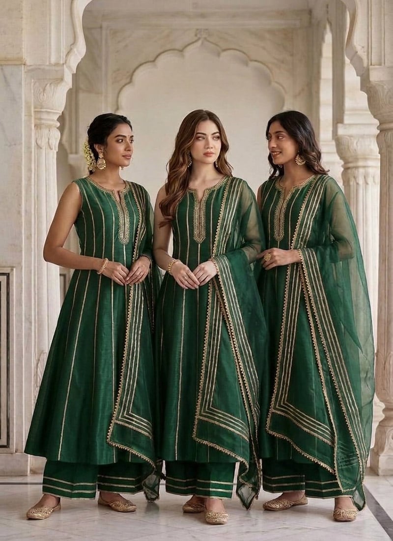 Emerald Green Silk Zari Sequins A Line Anarkali Palazzo Suit Festive Wear