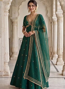 Emerald Green Silk Zari Sequins Hand Embroidered Anarkali Suit
