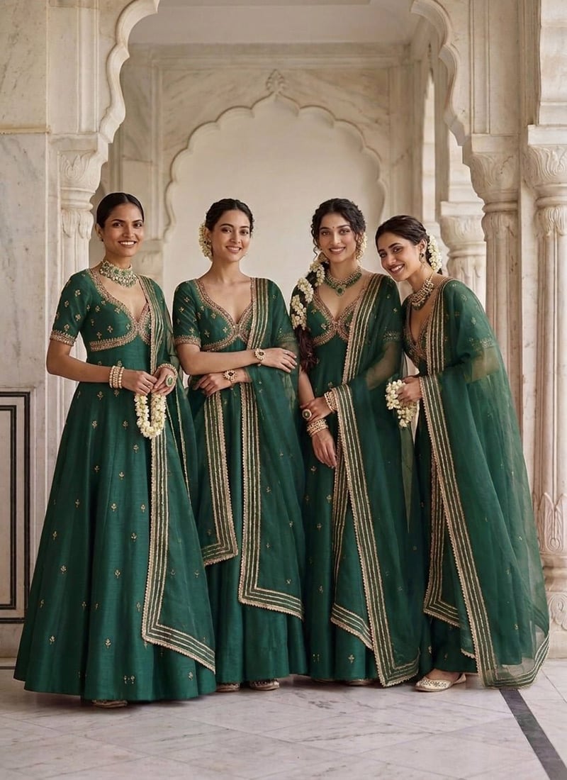 Emerald Green Silk Zari Sequins Hand Embroidered Anarkali Suit Festive Wear