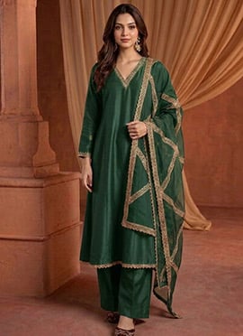 Emerald Green Silk Zari Sequins Palazzo Suit