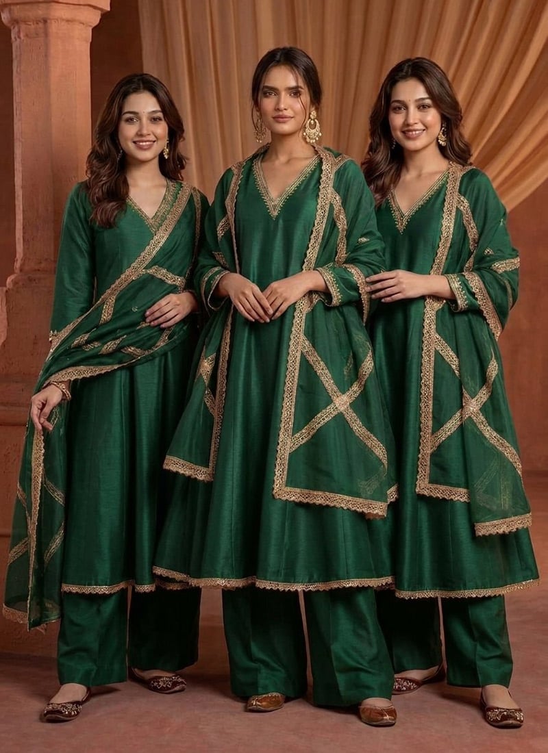 Emerald Green Silk Zari Sequins Palazzo Suit Festive Wear