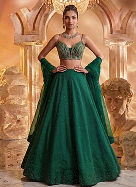 Emerald Green Silk Zari Sequins With Stone Work Lehenga Wedding Wear