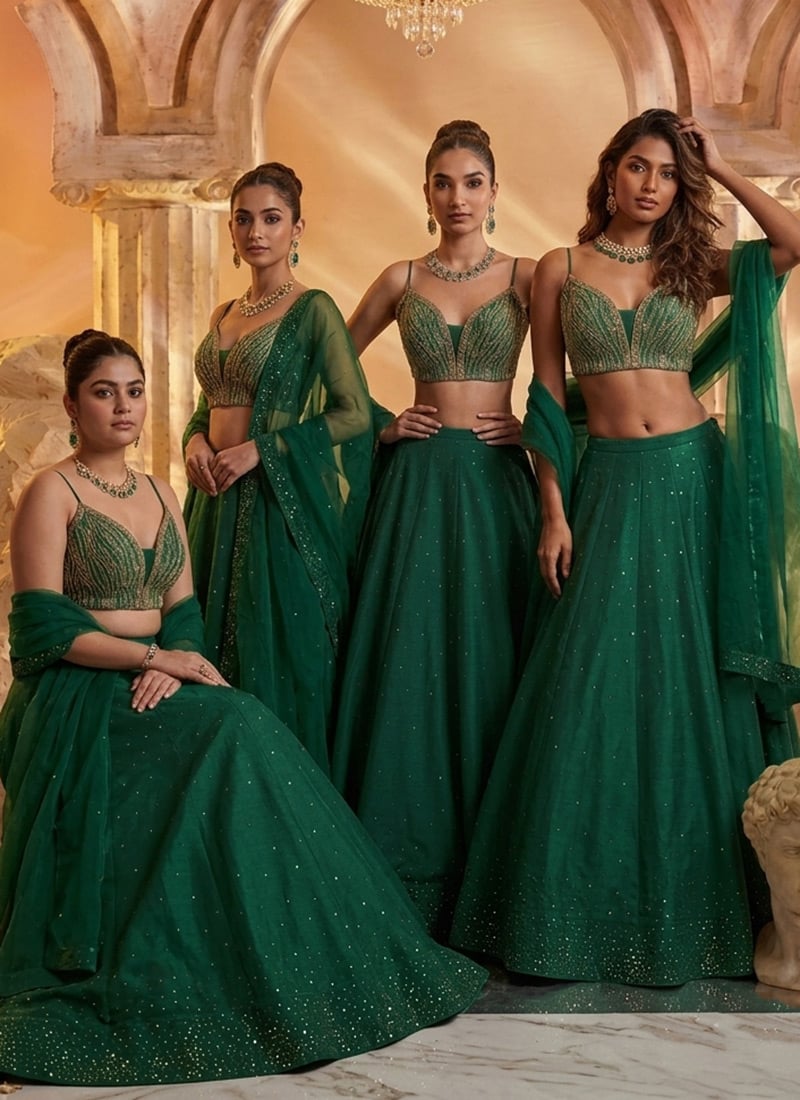 Emerald Green Silk Zari Sequins With Stone Work Lehenga Wedding Wear