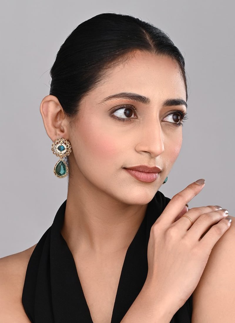 Emerald Green Stone Studded Teardrop Earrings After Six Wear