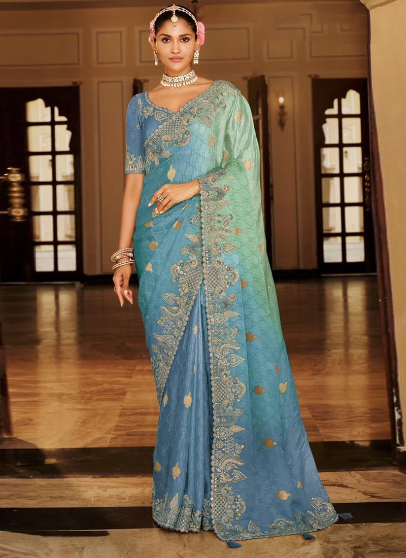 Enchanting Aqua Blue Soft Silk Zari Weaving Heavy Thread Embroidery Khatli Work Saree Wedding Wear