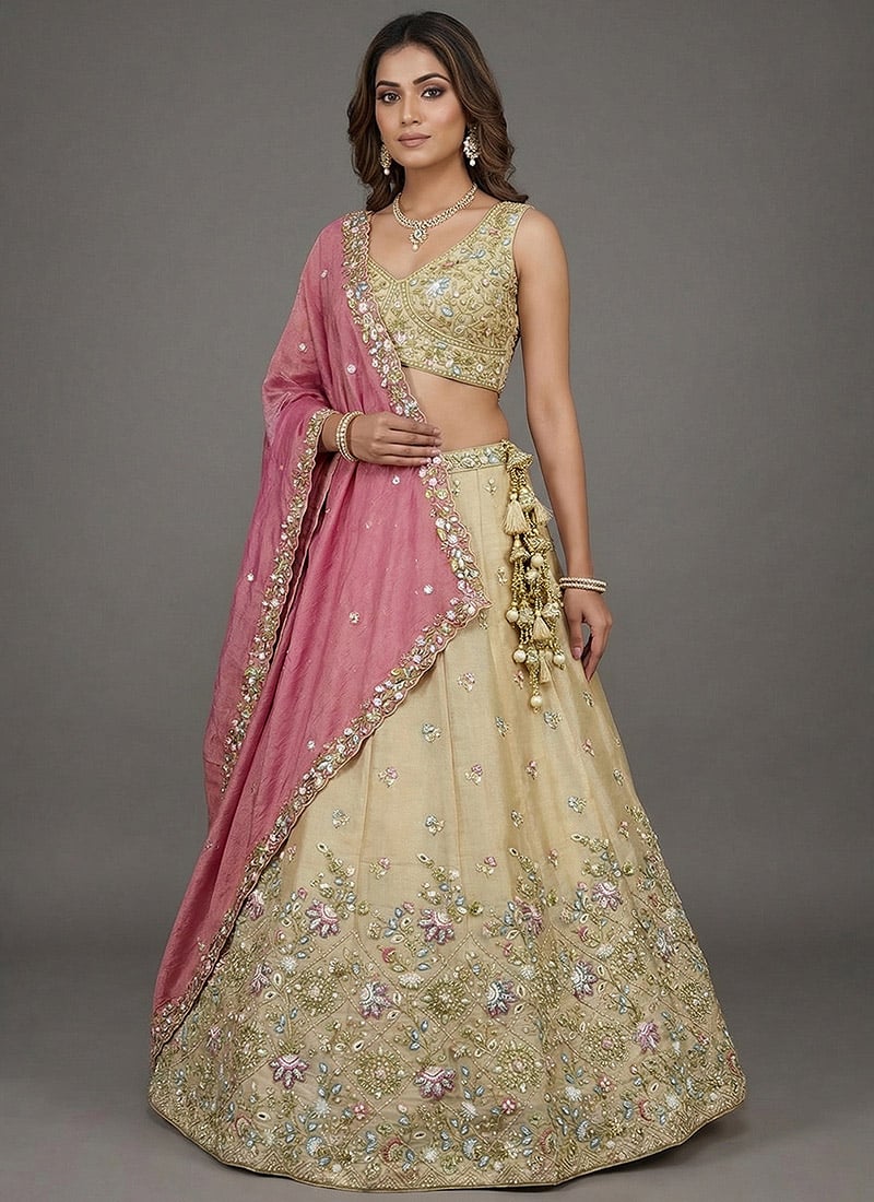 Enchanting Beige Tissue Embroidered Umbrella Lehenga Wedding Wear