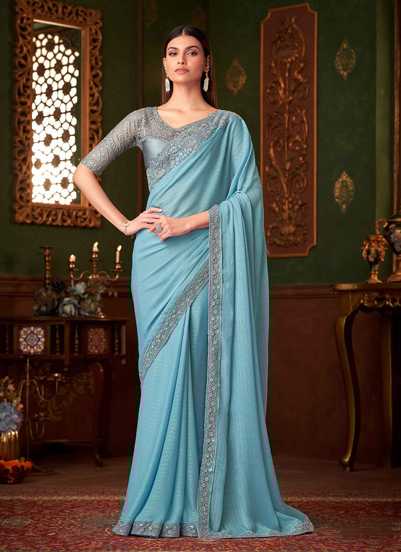 Enchanting Blue Satin Zari Embroidered Sequins Saree