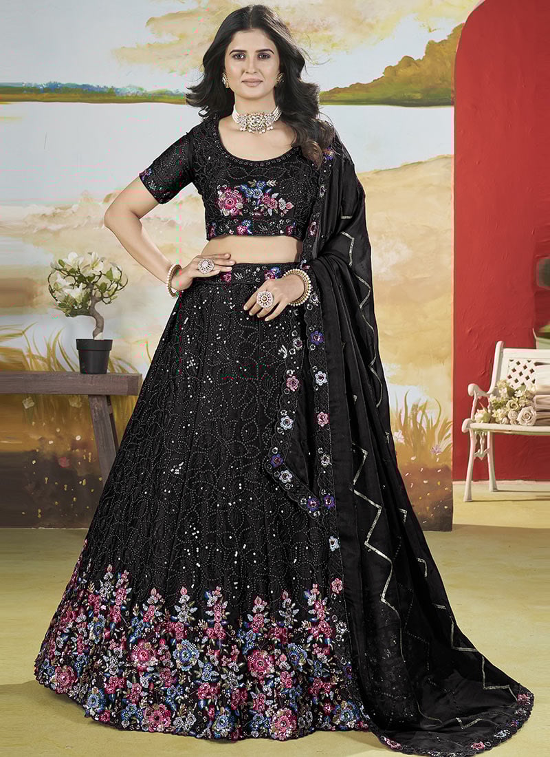 Enchanting Charm In Black Chinon Lehenga With Sequins And Embroidery Wedding Wear