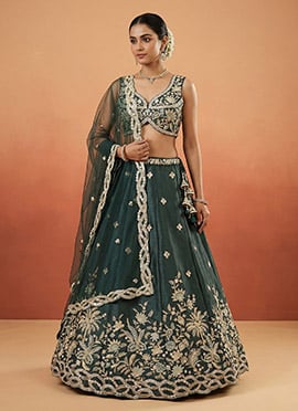 Enchanting Dark Green Tissue Embroidered Umbrella Lehenga