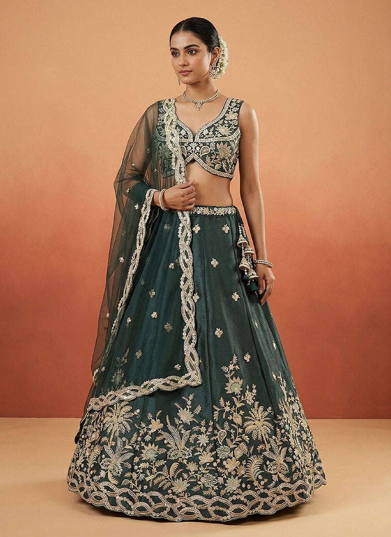 Enchanting Dark Green Tissue Embroidered Umbrella Lehenga Wedding Wear