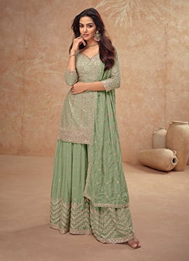 Enchanting Green Chinon Zari Embroidered Sequins Palazzo Suit