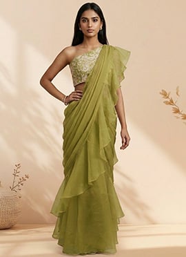 Enchanting Green Organza Sequins Stones Hand Embroidered Saree