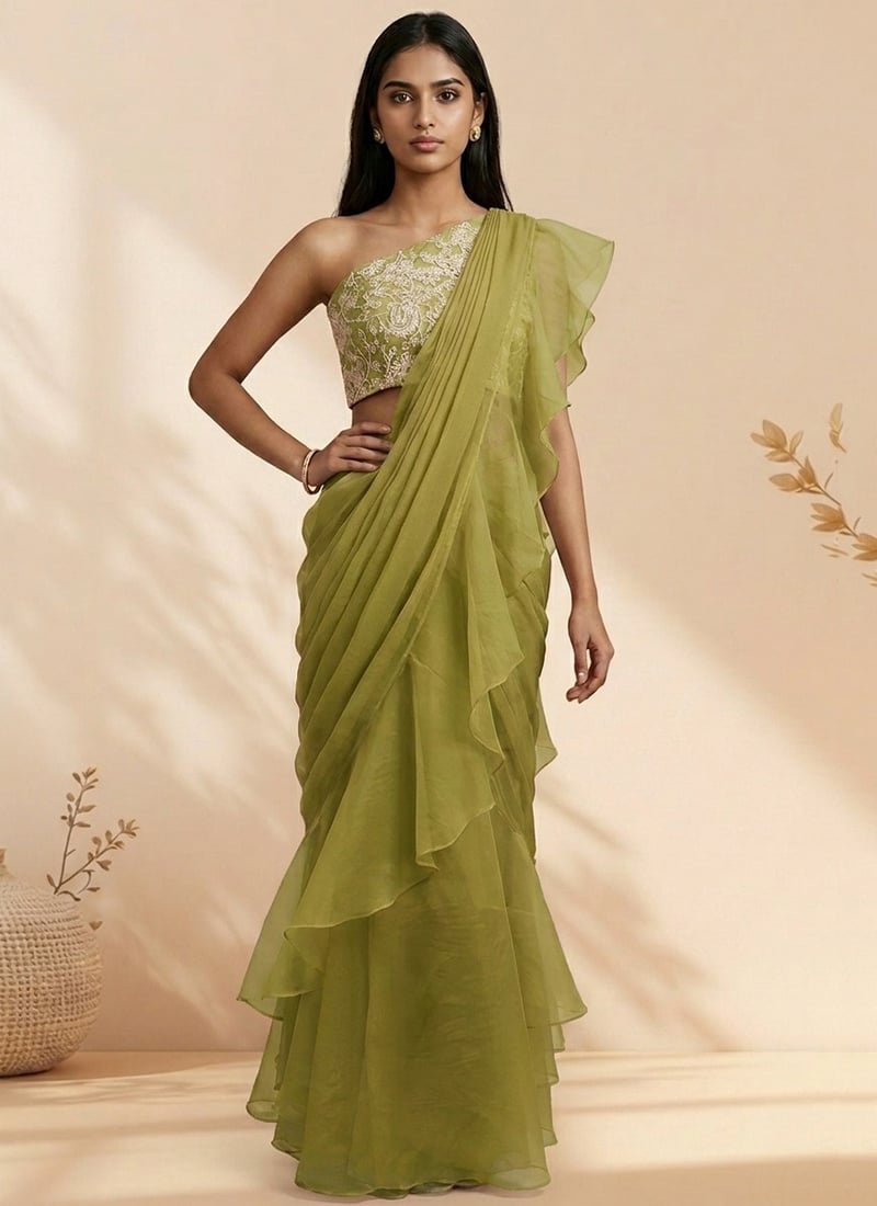 Enchanting Green Organza Sequins Stones Hand Embroidered Saree Wedding Wear