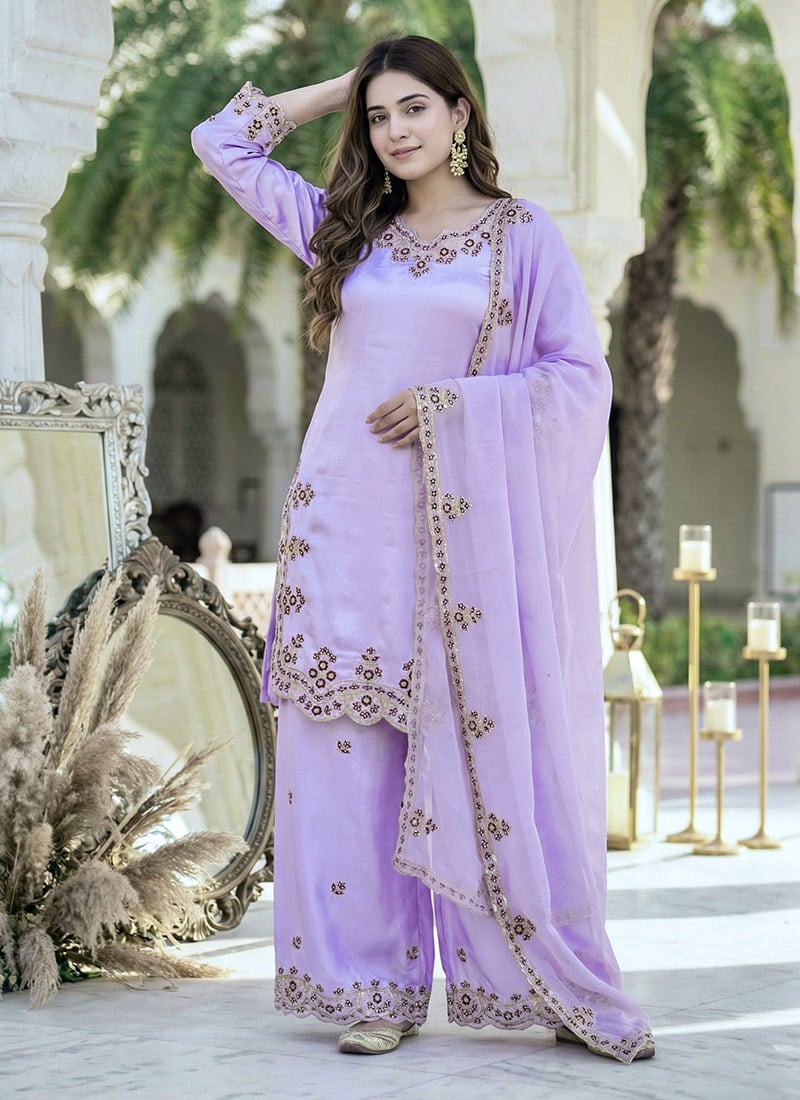 Enchanting Light Pink Satin Blend Embroidered Sequins Palazzo Suit After Six Wear