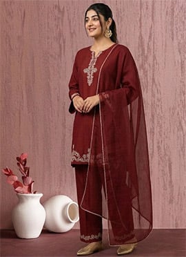 Enchanting Maroon Art Silk Zari Sequins Straight Pant Suit